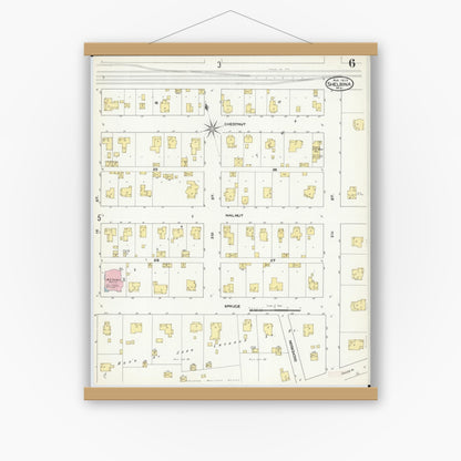 Old map wall art mockup — magnetic wood frame on white wall — Sanborn Fire Insurance Map from Shelbina, Shelby County, Missouri (1909), Sheet #0006