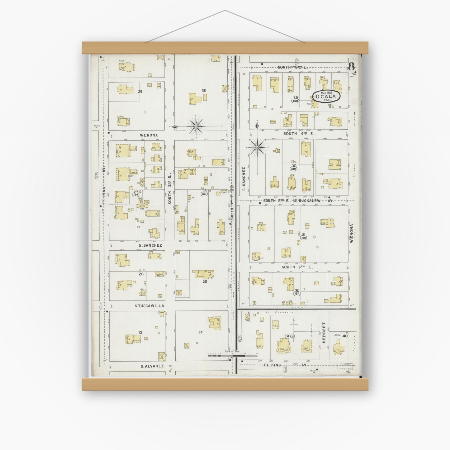 Old map wall art mockup — magnetic wood frame on white wall — Sanborn Fire Insurance Map from Ocala, Marion County, Florida (1895), Sheet #0008