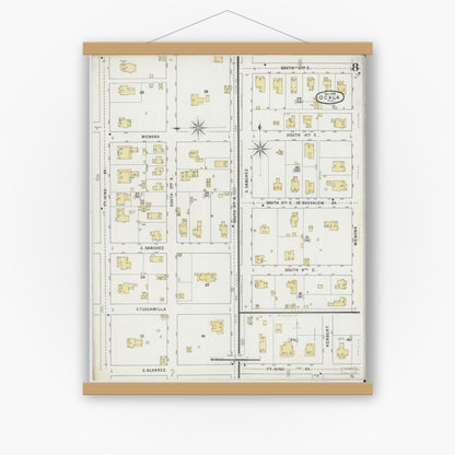 Old map wall art mockup — magnetic wood frame on white wall — Sanborn Fire Insurance Map from Ocala, Marion County, Florida (1895), Sheet #0008