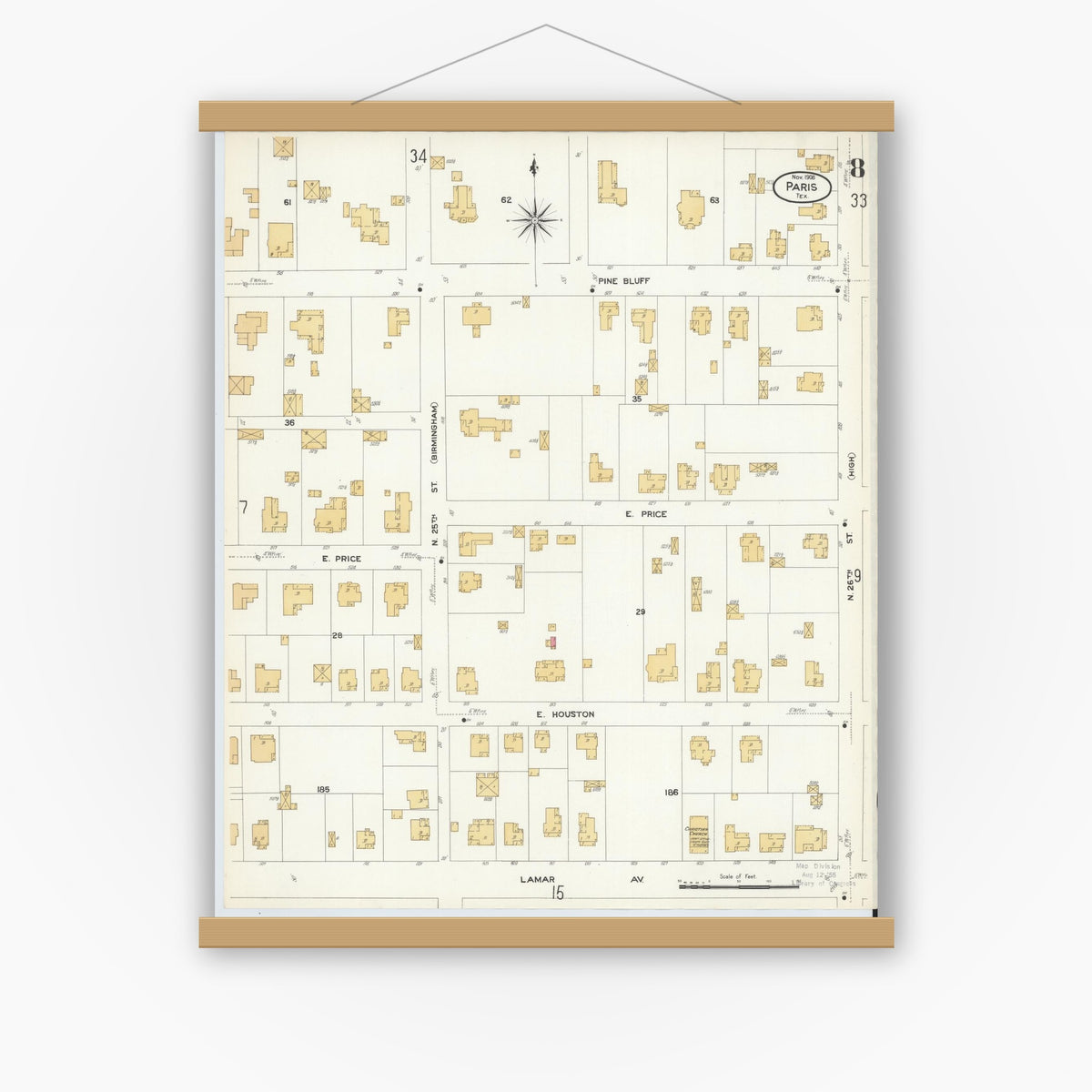Old map wall art mockup — magnetic wood frame on white wall — Sanborn Fire Insurance Map from Paris, Lamar County, Texas (1908), Sheet #0008