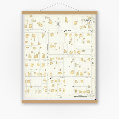 Old map wall art mockup — magnetic wood frame on white wall — Sanborn Fire Insurance Map from Paris, Lamar County, Texas (1908), Sheet #0008