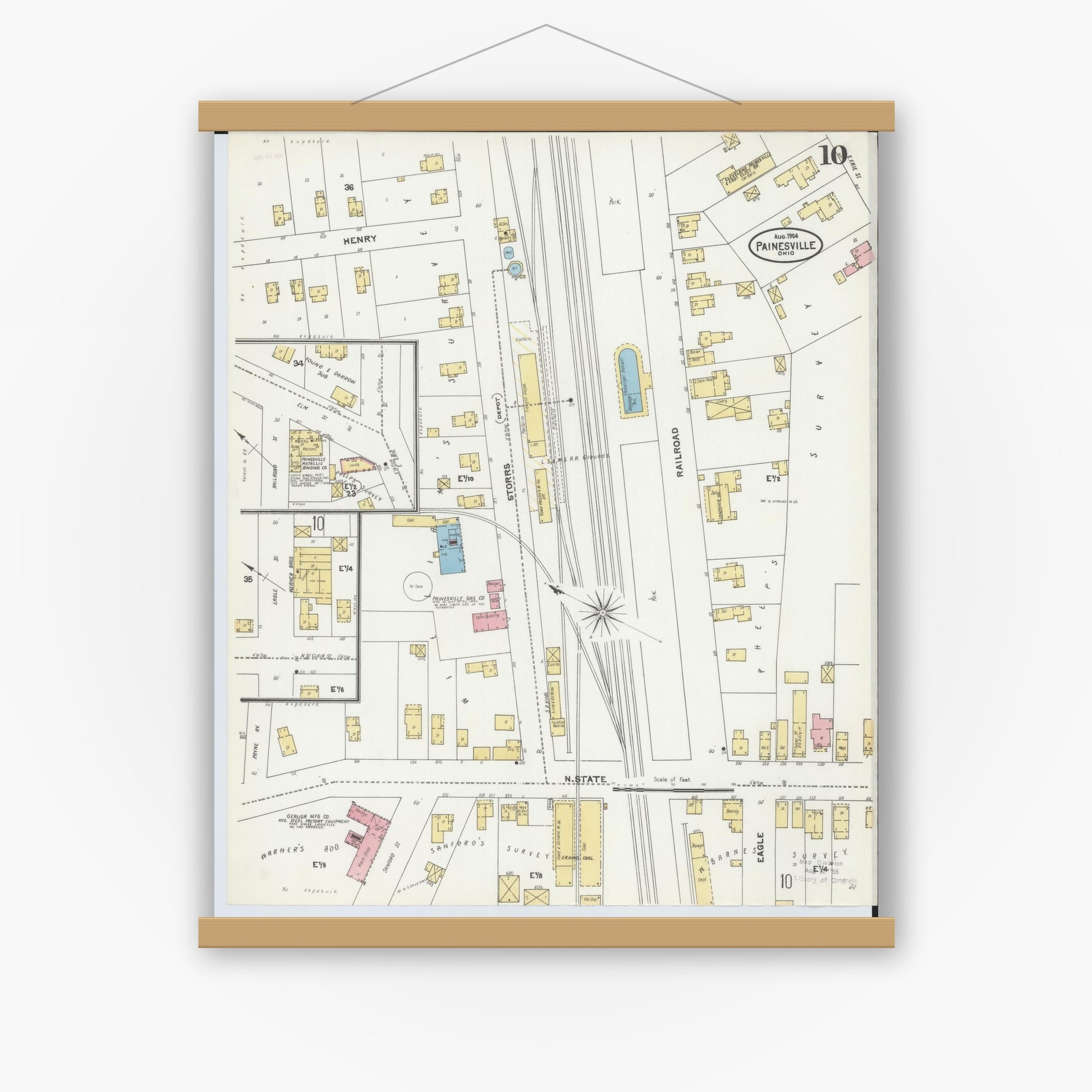 Old map wall art mockup — magnetic wood frame on white wall — Sanborn Fire Insurance Map from Painesville, Lake County, Ohio (1904), Sheet #0010