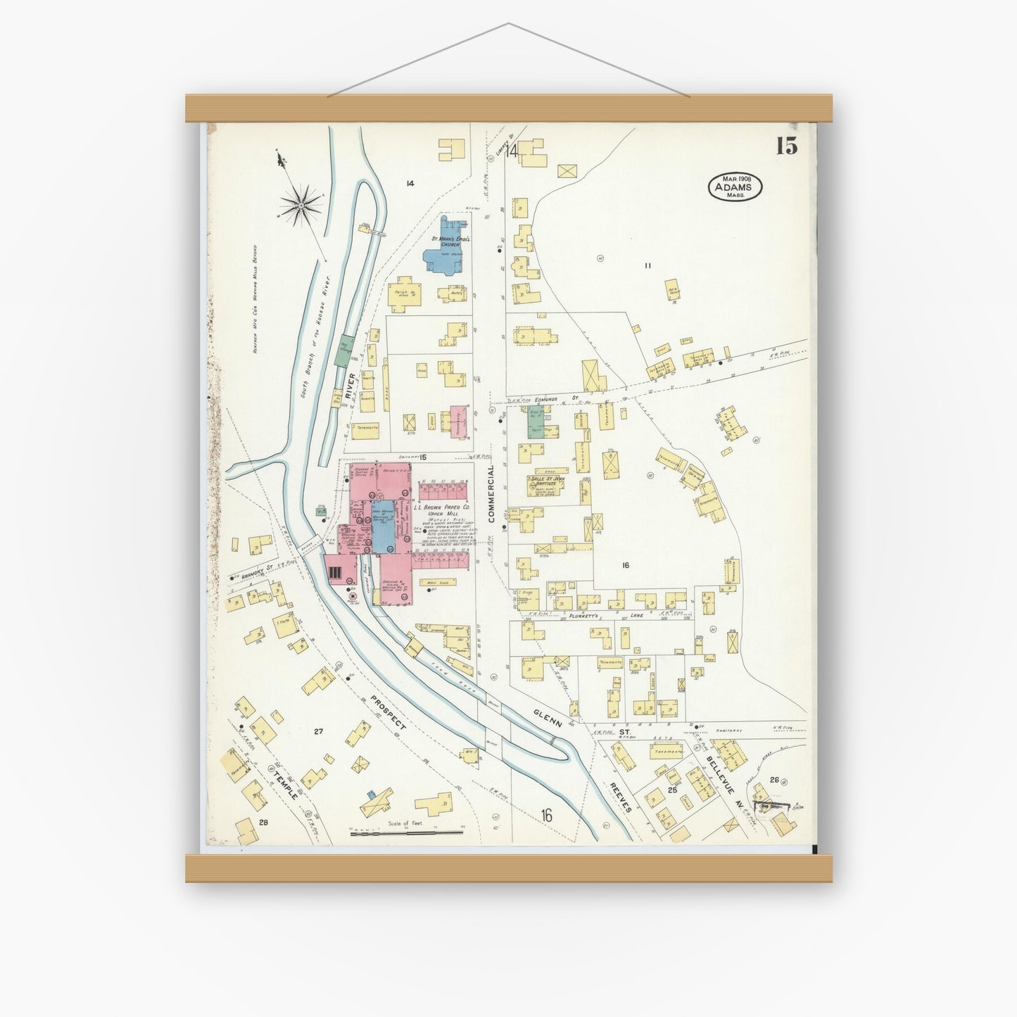Old map wall art mockup — magnetic wood frame on white wall — Sanborn Fire Insurance Map from Adams, Berkshire County, Massachusetts (1908), Sheet #0015