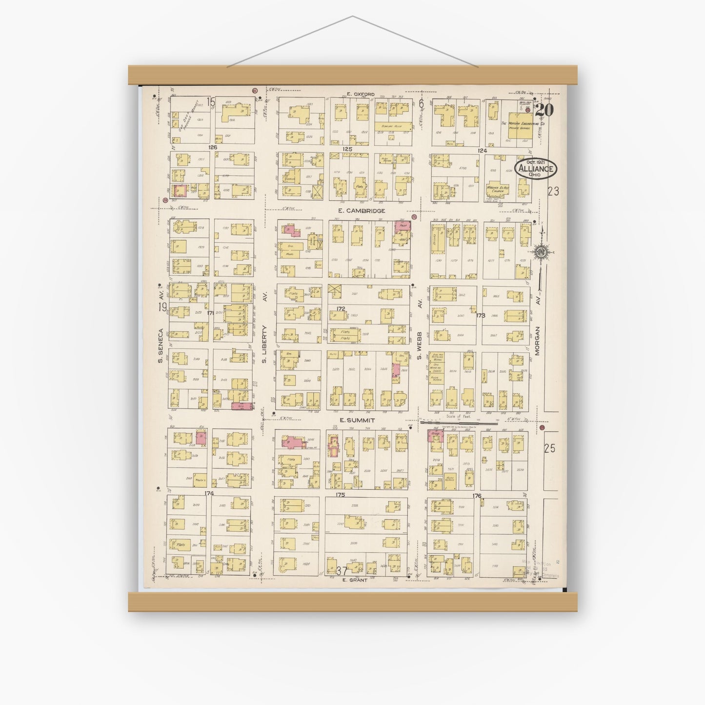 Old map wall art mockup — magnetic wood frame on white wall — Sanborn Fire Insurance Map from Alliance, Stark County, Ohio (1921), Sheet #0020