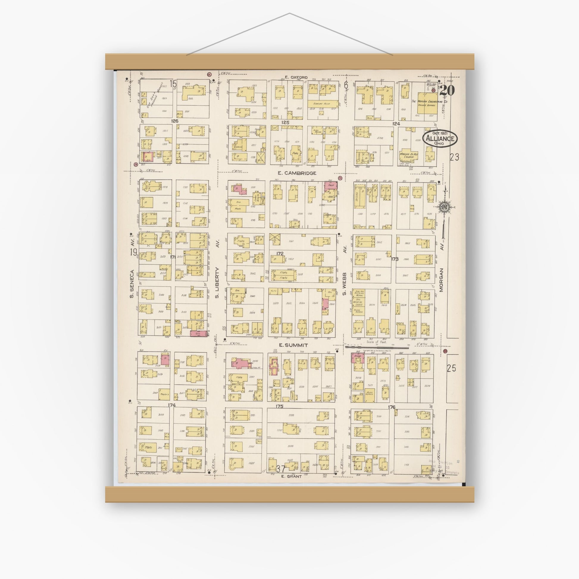 Old map wall art mockup — magnetic wood frame on white wall — Sanborn Fire Insurance Map from Alliance, Stark County, Ohio (1921), Sheet #0020