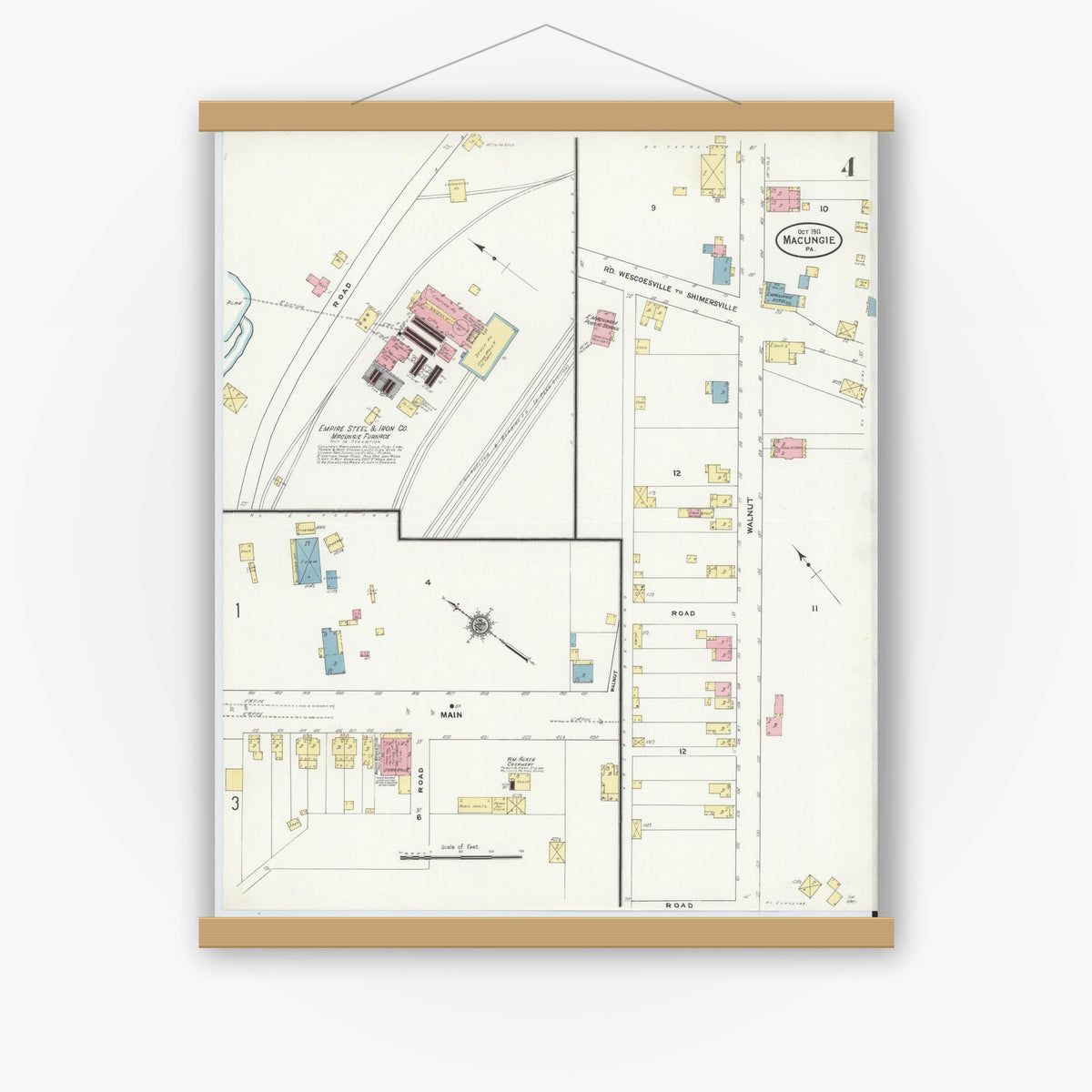 Old map wall art mockup — magnetic wood frame on white wall — Sanborn Fire Insurance Map from Macungie, Lehigh County, Pennsylvania (1911), Sheet #0004