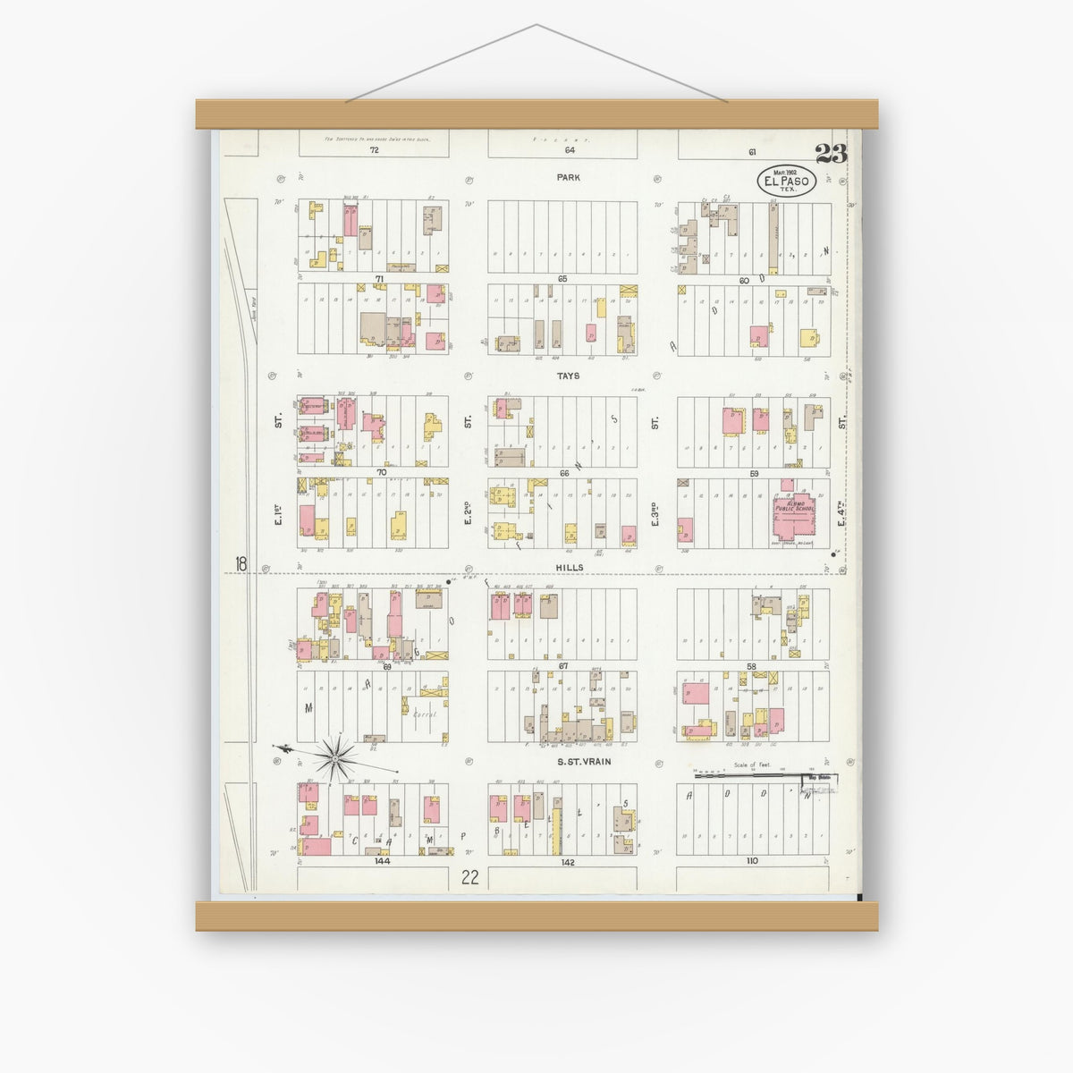 Old map wall art mockup — magnetic wood frame on white wall — Sanborn Fire Insurance Map from El Paso, El Paso County, Texas (1902), Sheet #0023