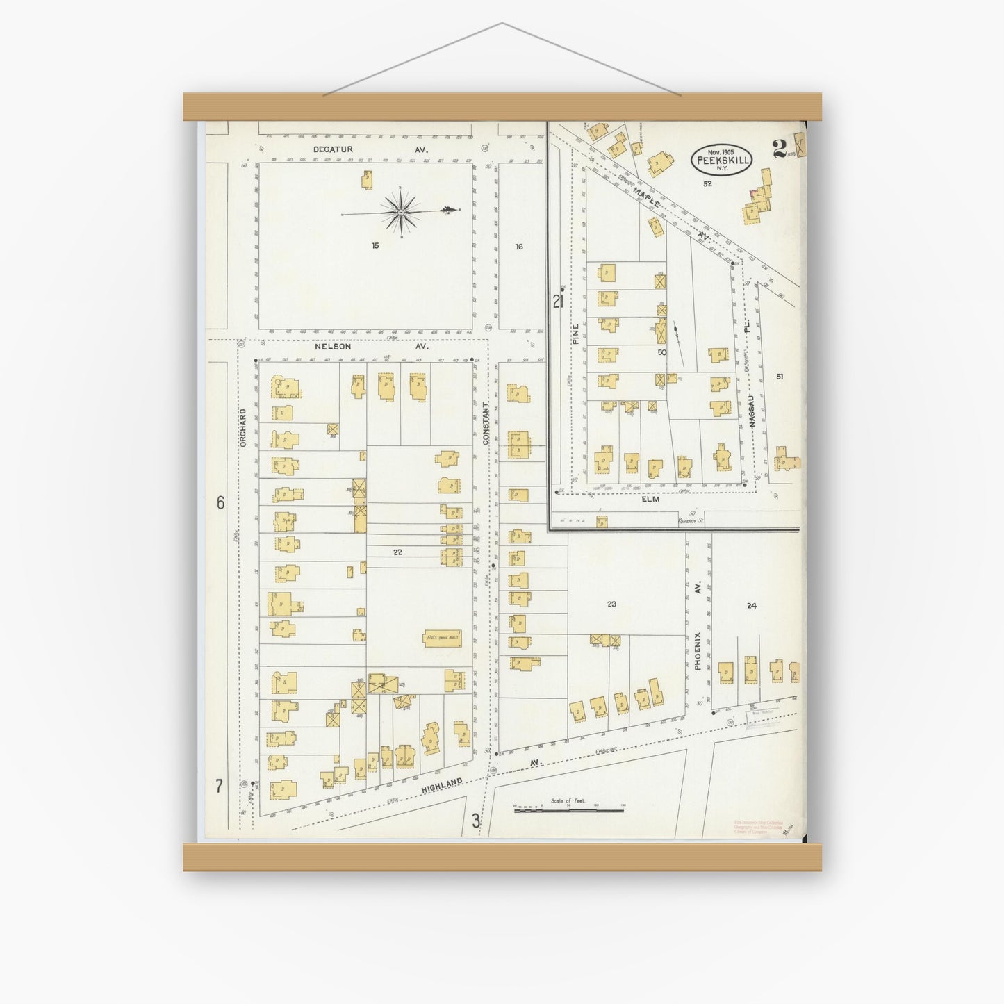 Old map wall art mockup — magnetic wood frame on white wall — Sanborn Fire Insurance Map from Peekskill, Westchester County, New York (1905) - Complete Map Set