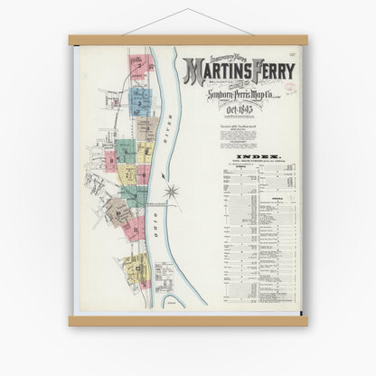 Old map wall art mockup — magnetic wood frame on white wall — Sanborn Fire Insurance Map from Martins Ferry, Belmont County, Ohio (1895), Sheet #0001
