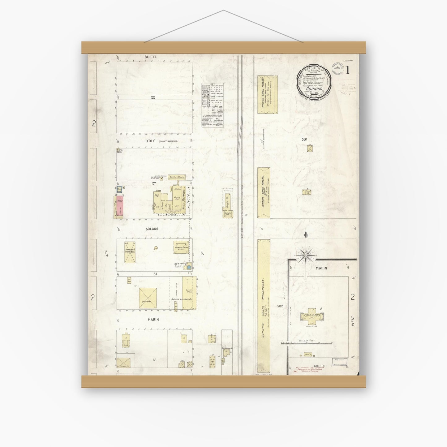 Old map wall art mockup — magnetic wood frame on white wall — Sanborn Fire Insurance Map from Corning, Tehama County, California (1899) - Complete Map Set