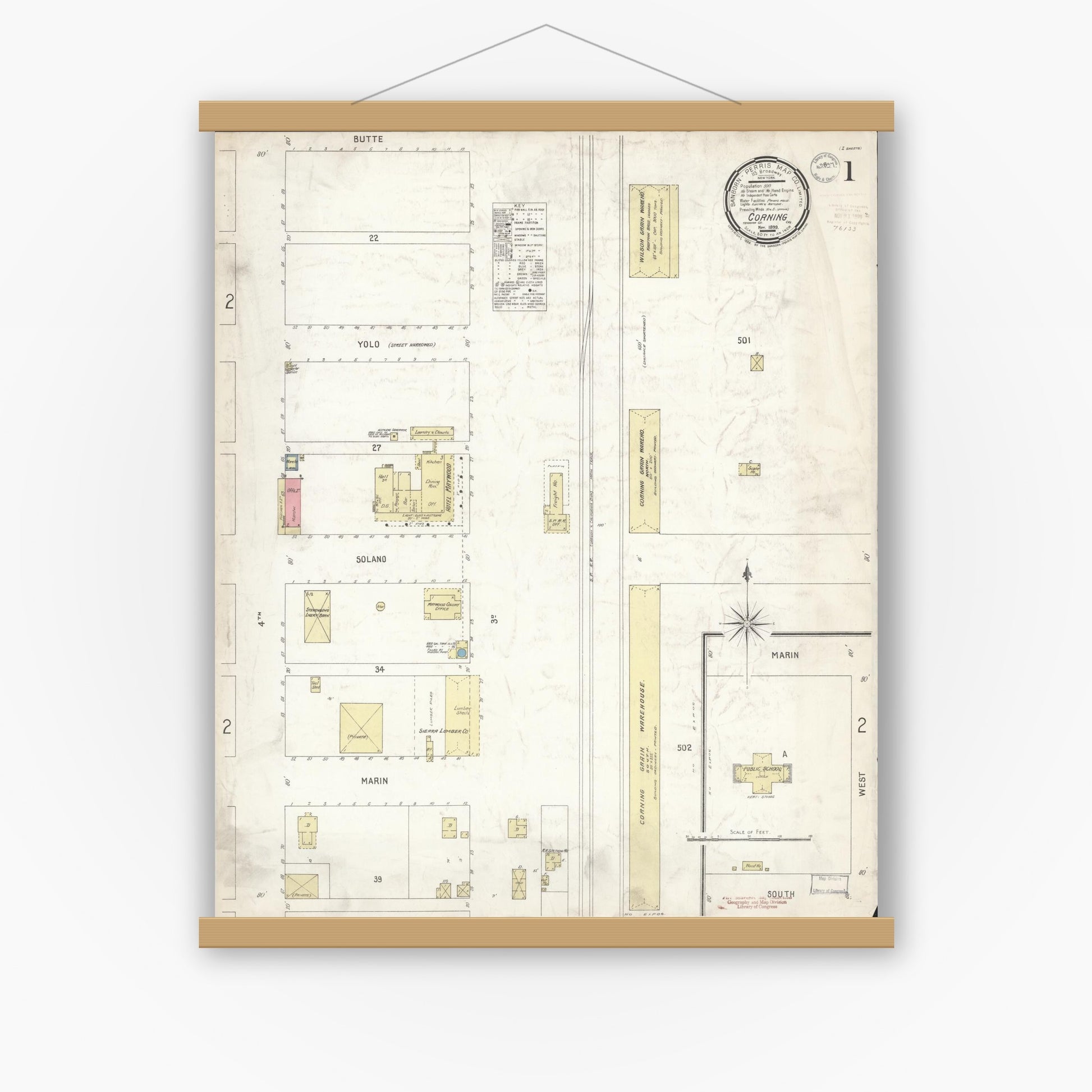 Old map wall art mockup — magnetic wood frame on white wall — Sanborn Fire Insurance Map from Corning, Tehama County, California (1899) - Complete Map Set