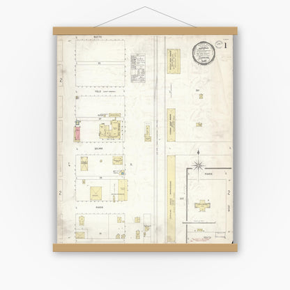 Old map wall art mockup — magnetic wood frame on white wall — Sanborn Fire Insurance Map from Corning, Tehama County, California (1899) - Complete Map Set