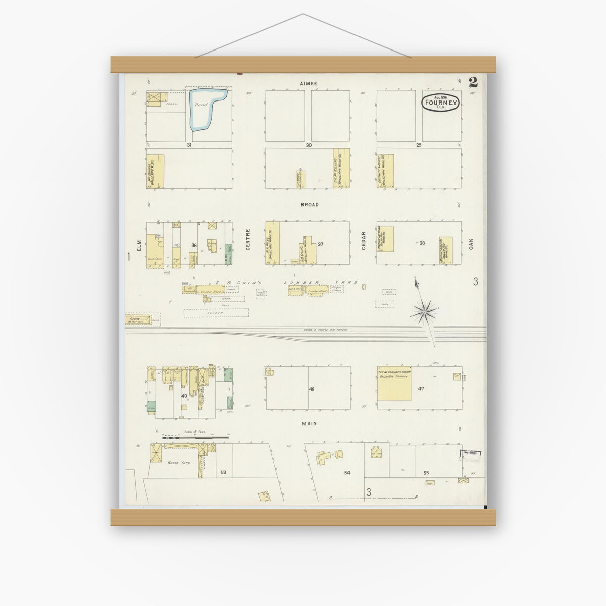 Old map wall art mockup — magnetic wood frame on white wall — Sanborn Fire Insurance Map from Forney, Kaufman County, Texas (1896), Sheet #0002