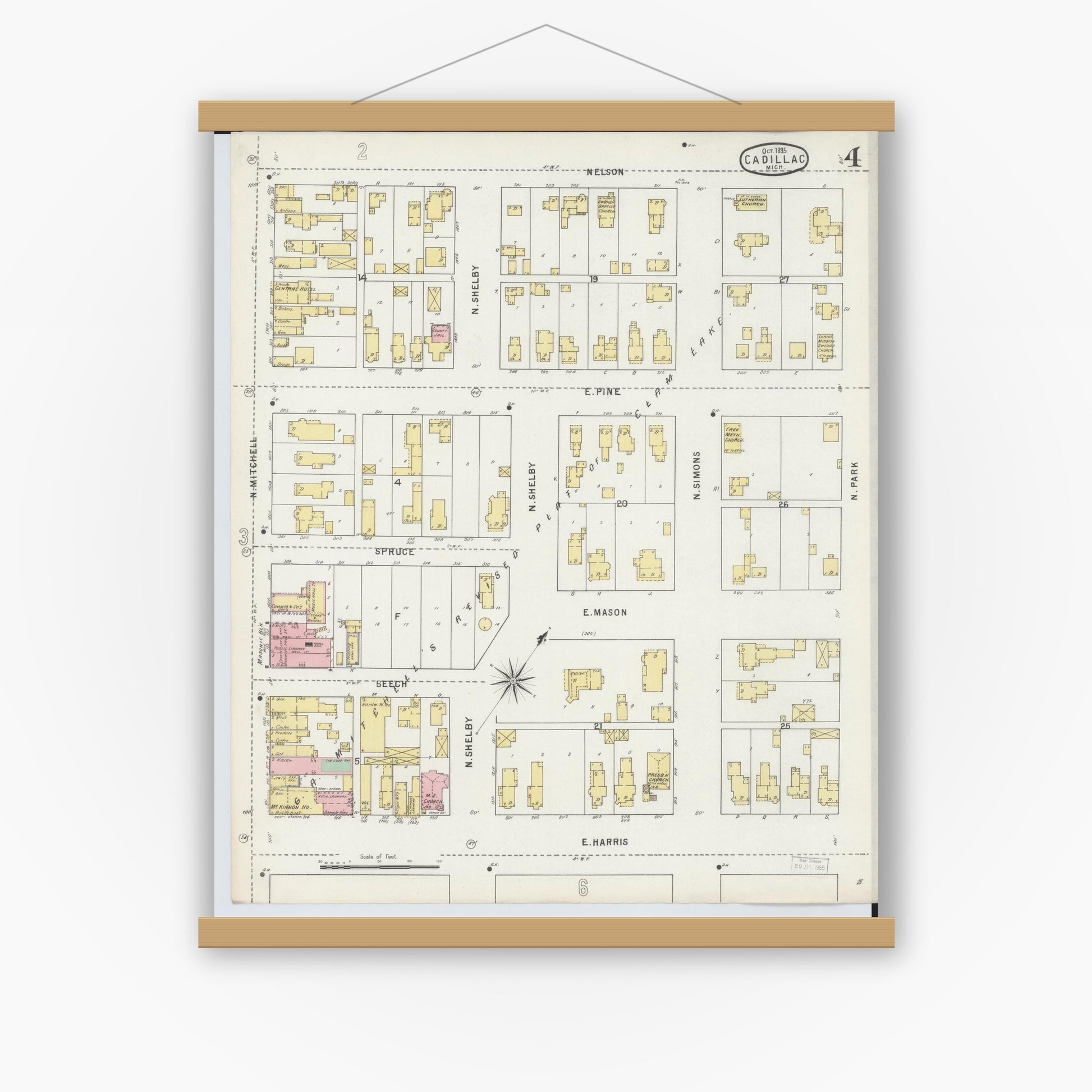 Old map wall art mockup — magnetic wood frame on white wall — Sanborn Fire Insurance Map from Cadillac, Wexford County, Michigan (1895), Sheet #0004