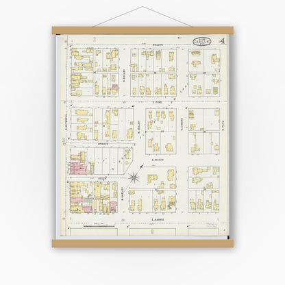 Old map wall art mockup — magnetic wood frame on white wall — Sanborn Fire Insurance Map from Cadillac, Wexford County, Michigan (1895), Sheet #0004