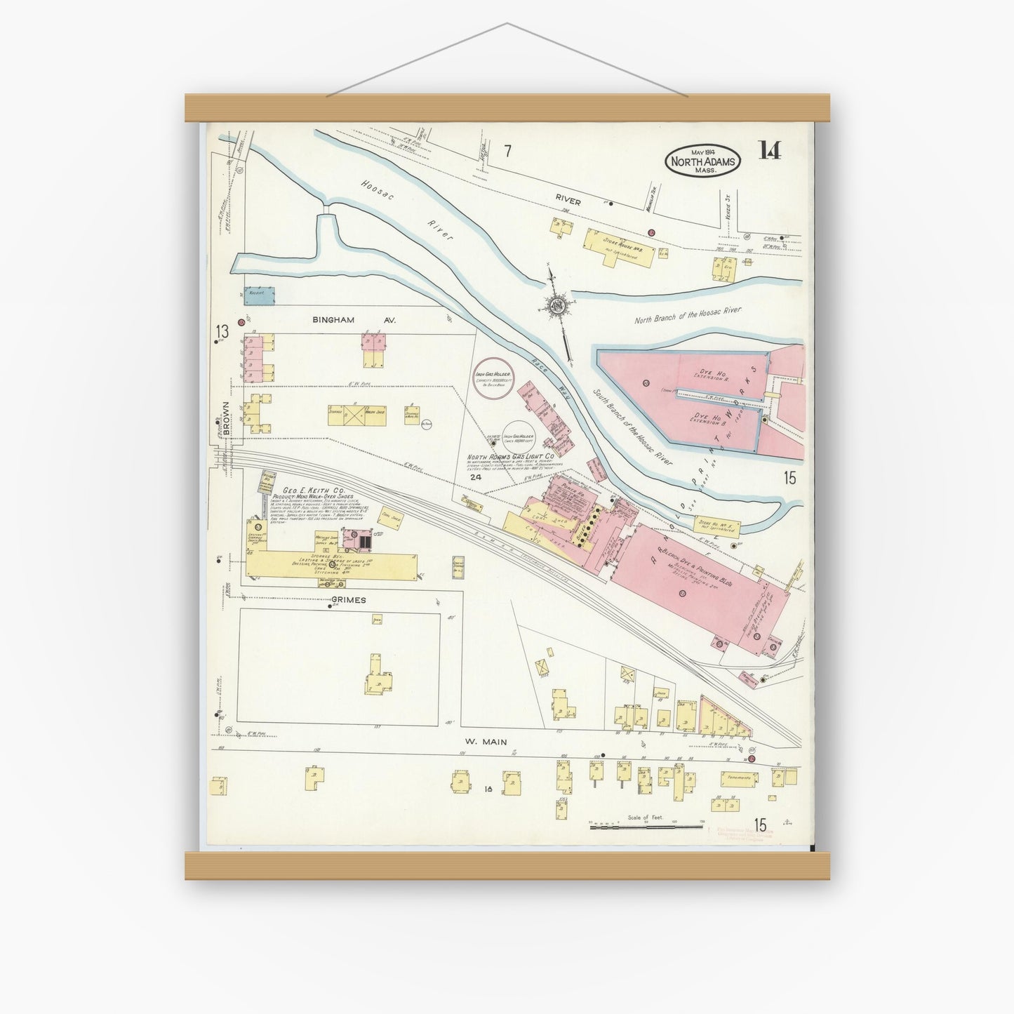 Old map wall art mockup — magnetic wood frame on white wall — Sanborn Fire Insurance Map from North Adams, Berkshire County, Massachusetts (1914), Sheet #0014