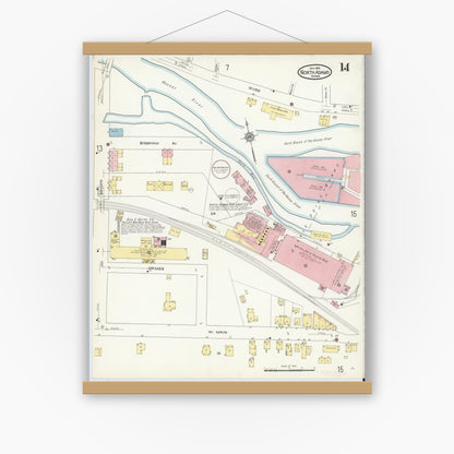 Old map wall art mockup — magnetic wood frame on white wall — Sanborn Fire Insurance Map from North Adams, Berkshire County, Massachusetts (1914), Sheet #0014