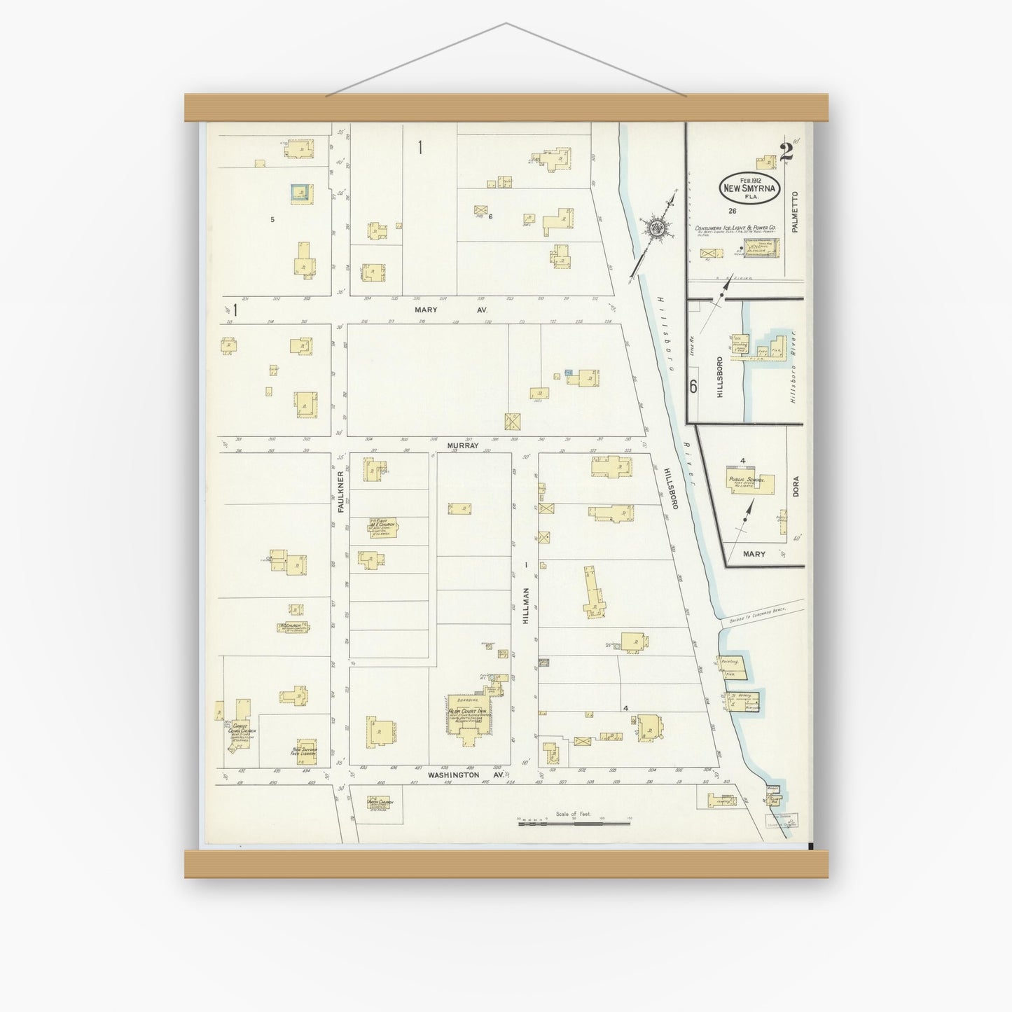 Old map wall art mockup — magnetic wood frame on white wall — Sanborn Fire Insurance Map from New Smyrna, Valusia County, Florida (1912), Sheet #0002