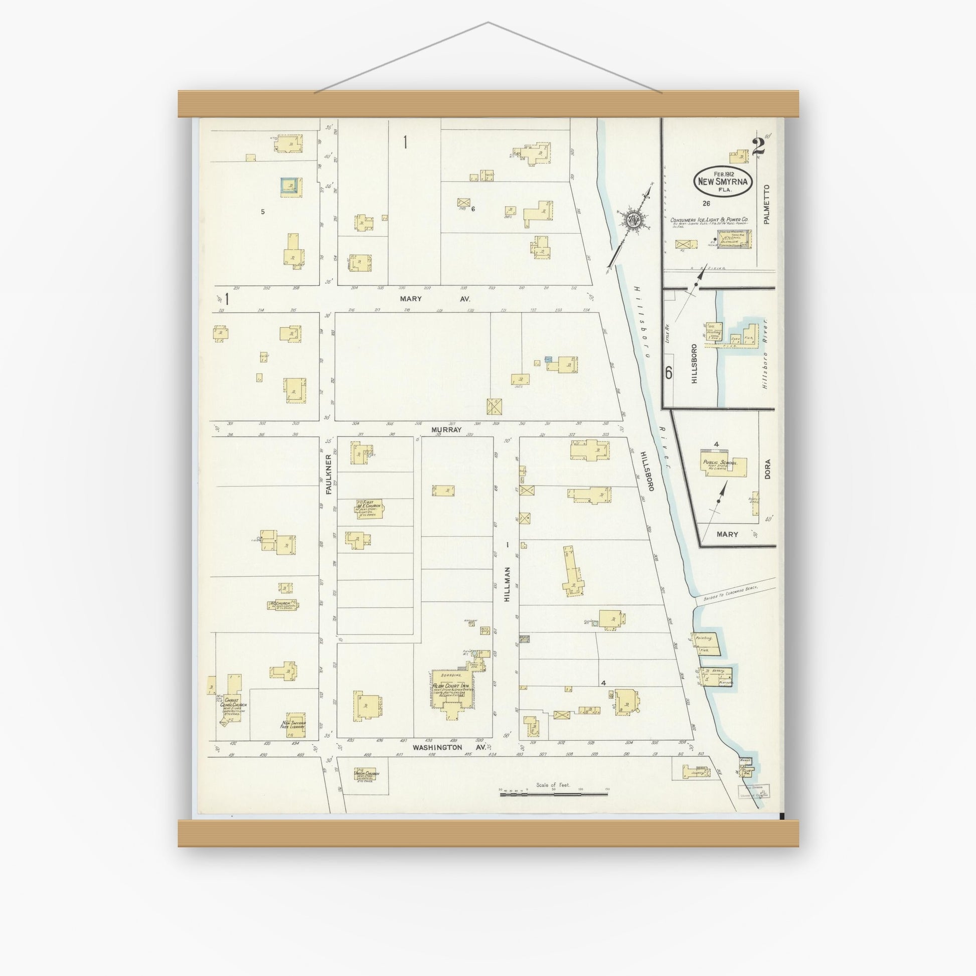 Old map wall art mockup — magnetic wood frame on white wall — Sanborn Fire Insurance Map from New Smyrna, Valusia County, Florida (1912), Sheet #0002