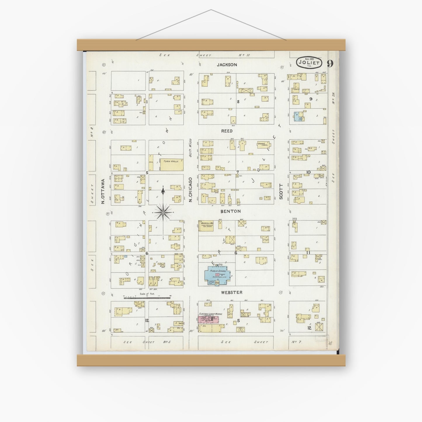 Old map wall art mockup — magnetic wood frame on white wall — Sanborn Fire Insurance Map from Joliet, Will County, Illinois (1891), Sheet #0009