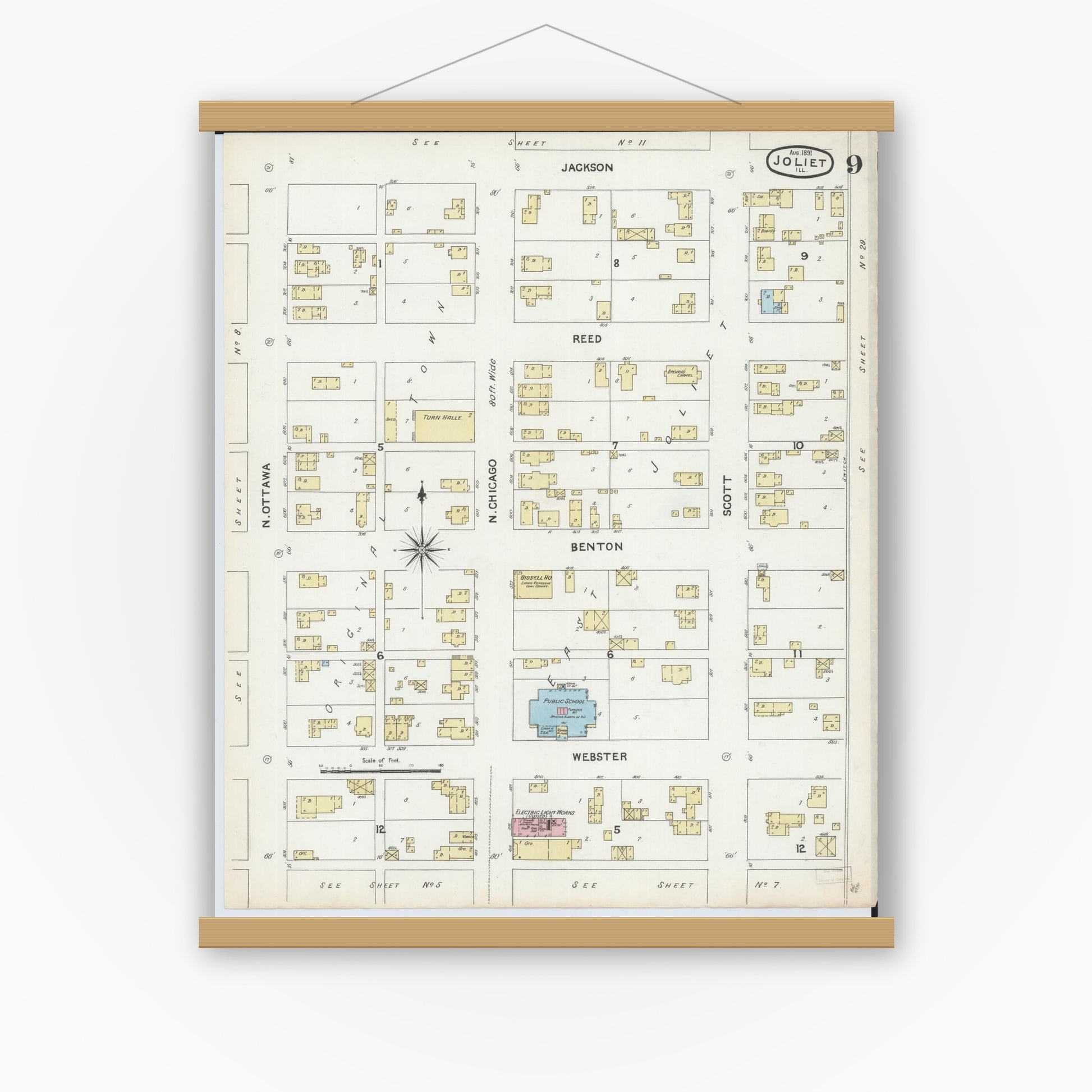 Old map wall art mockup — magnetic wood frame on white wall — Sanborn Fire Insurance Map from Joliet, Will County, Illinois (1891), Sheet #0009