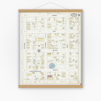 Old map wall art mockup — magnetic wood frame on white wall — Sanborn Fire Insurance Map from Joliet, Will County, Illinois (1891), Sheet #0009