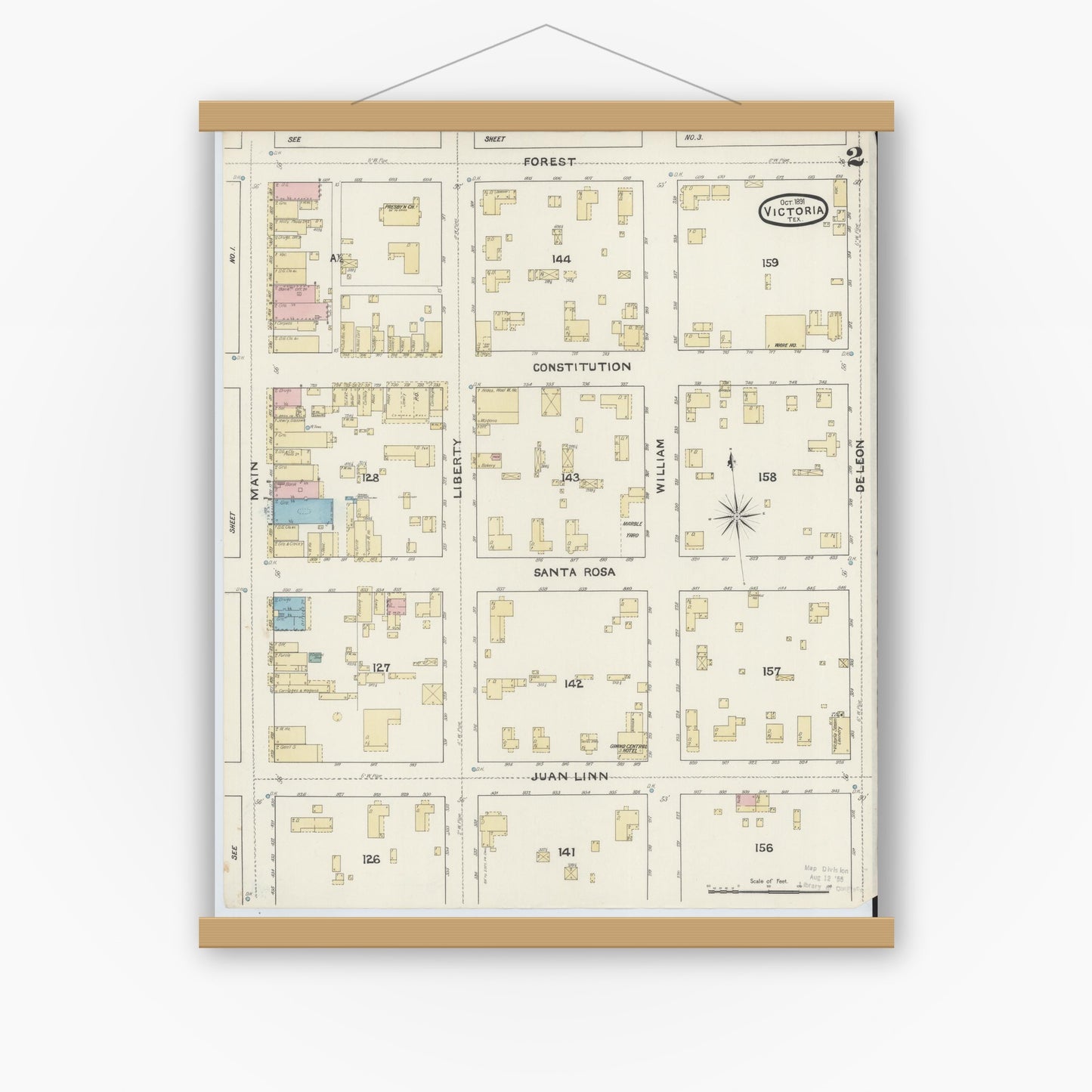 Old map wall art mockup — magnetic wood frame on white wall — Sanborn Fire Insurance Map from Victoria, Victoria County, Texas (1891), Sheet #0002