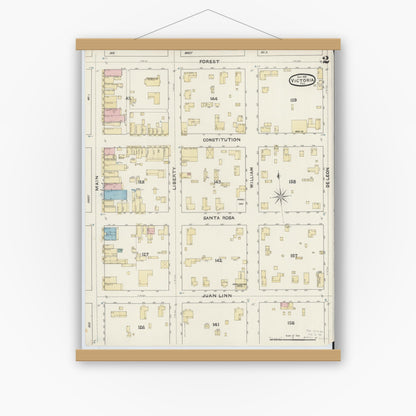 Old map wall art mockup — magnetic wood frame on white wall — Sanborn Fire Insurance Map from Victoria, Victoria County, Texas (1891), Sheet #0002