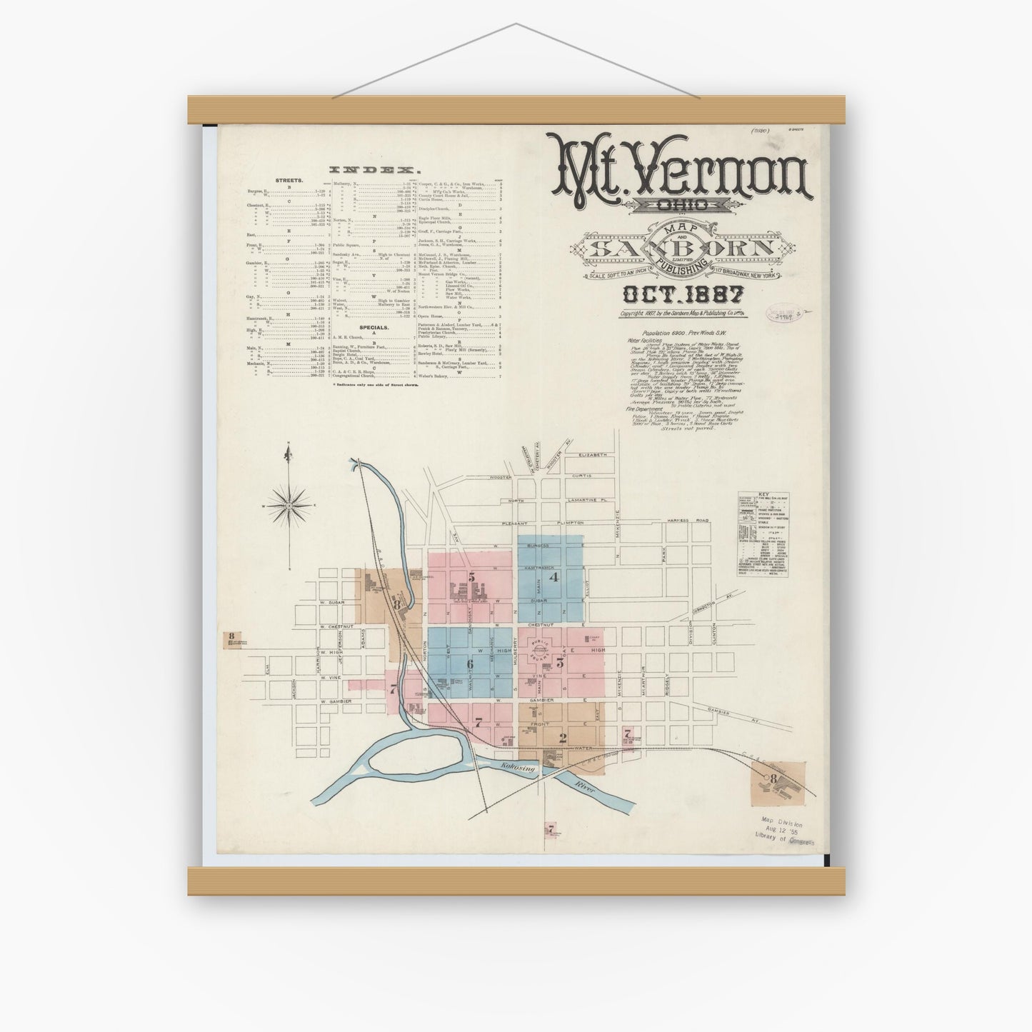 Old map wall art mockup — magnetic wood frame on white wall — Sanborn Fire Insurance Map from Mount Vernon, Knox County, Ohio (1887) - Complete Map Set