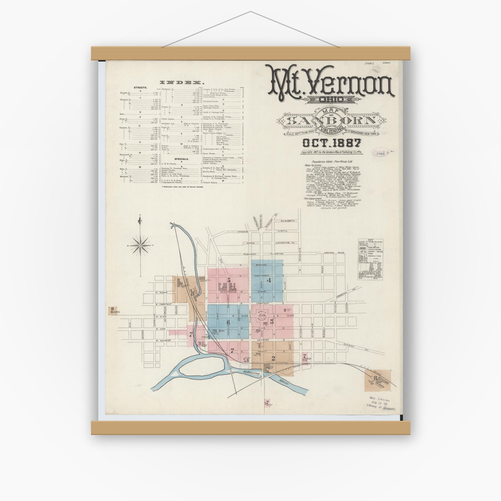 Old map wall art mockup — magnetic wood frame on white wall — Sanborn Fire Insurance Map from Mount Vernon, Knox County, Ohio (1887) - Complete Map Set
