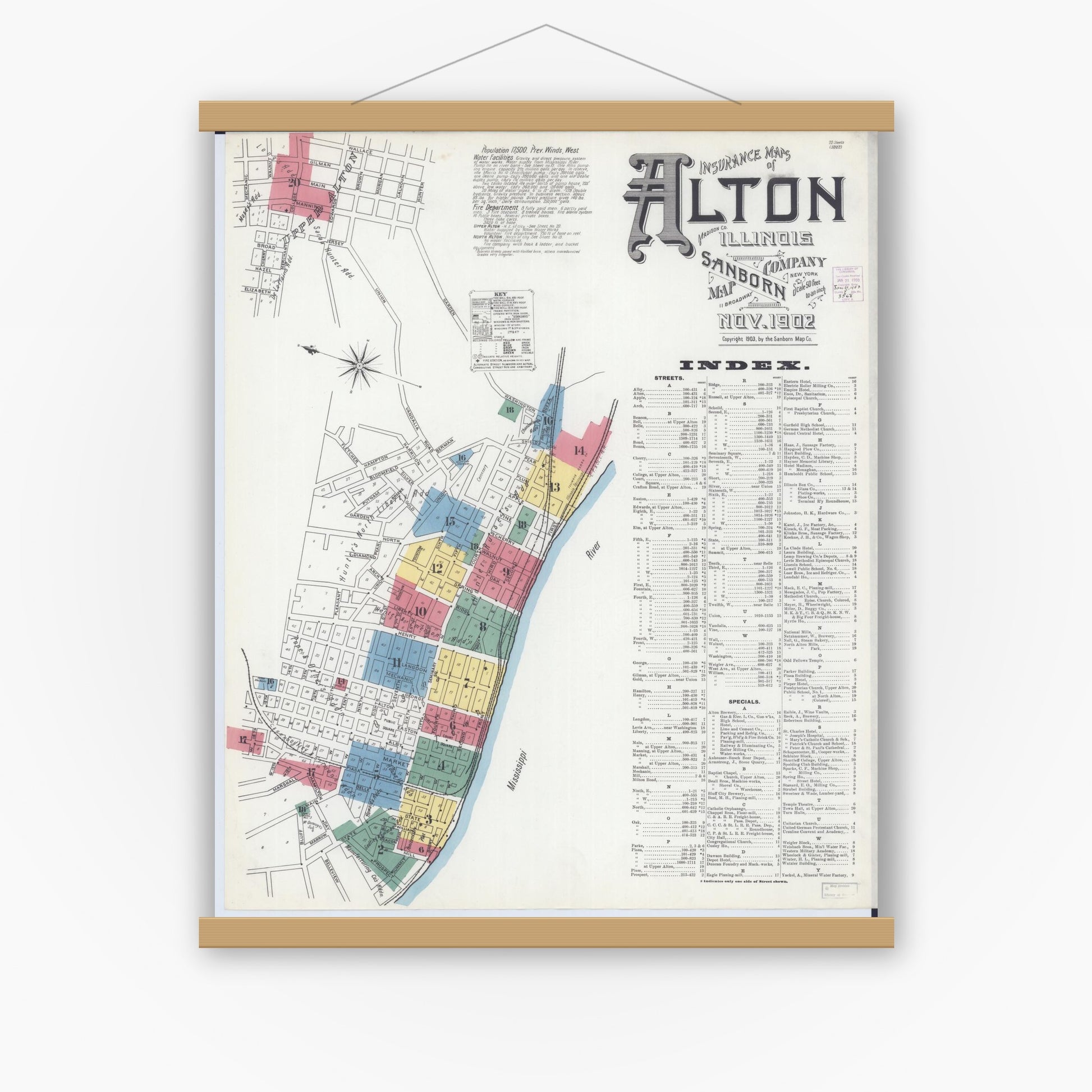 Old map wall art mockup — magnetic wood frame on white wall — Sanborn Fire Insurance Map from Alton, Madison County, Illinois (1902), Sheet #0001