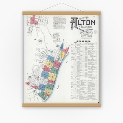 Old map wall art mockup — magnetic wood frame on white wall — Sanborn Fire Insurance Map from Alton, Madison County, Illinois (1902), Sheet #0001