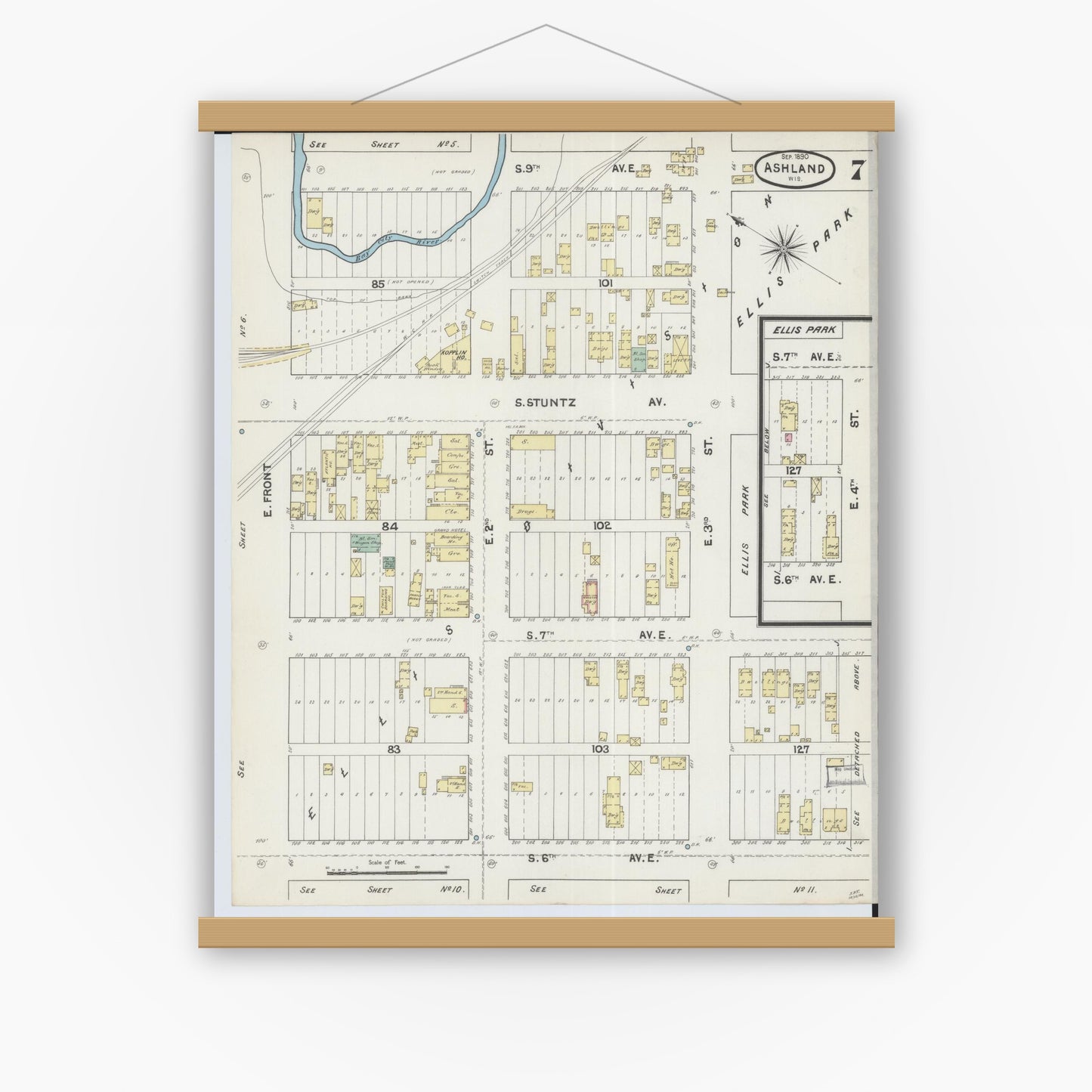 Old map wall art mockup — magnetic wood frame on white wall — Sanborn Fire Insurance Map from Ashland, Ashland County, Wisconsin (1890), Sheet #0007