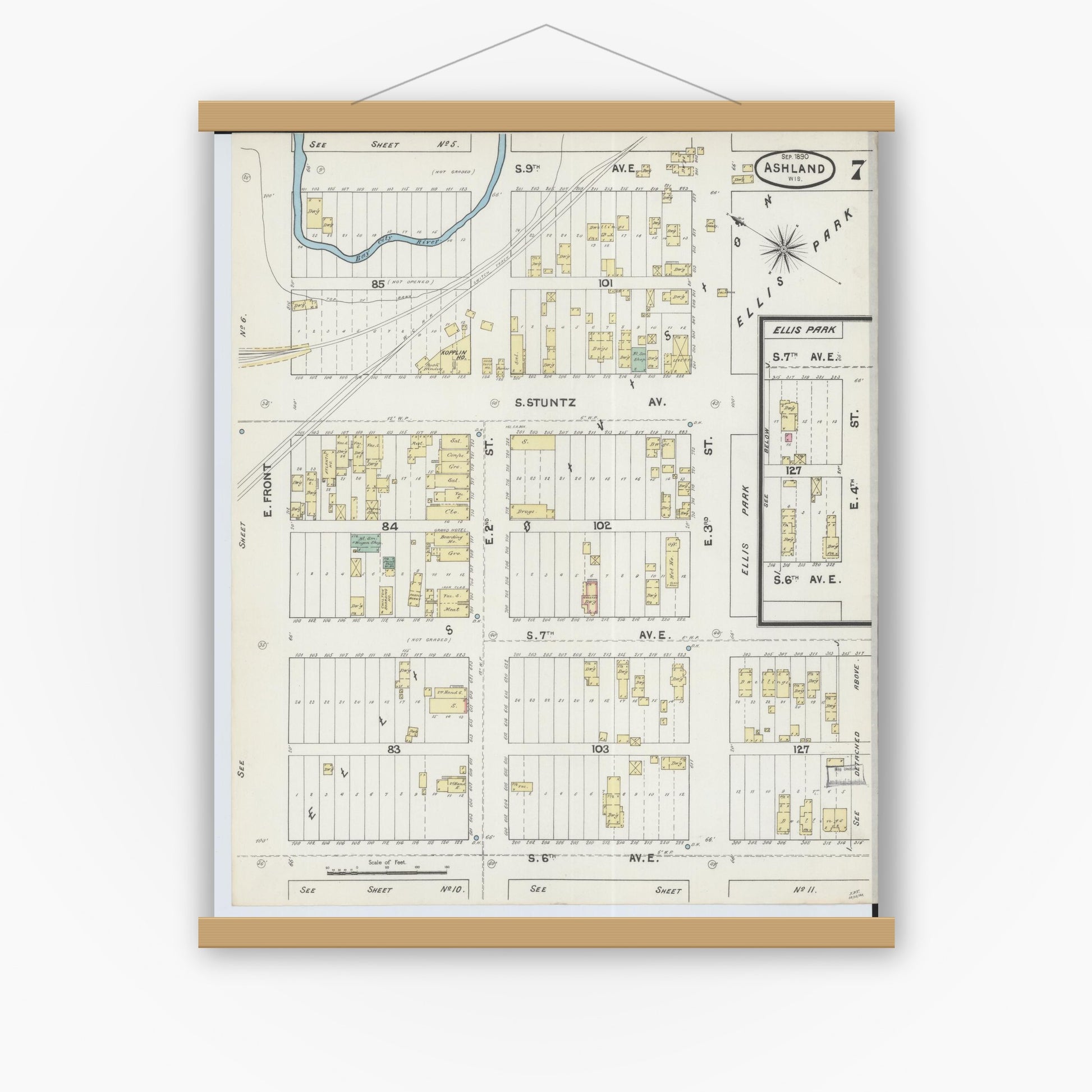 Old map wall art mockup — magnetic wood frame on white wall — Sanborn Fire Insurance Map from Ashland, Ashland County, Wisconsin (1890), Sheet #0007