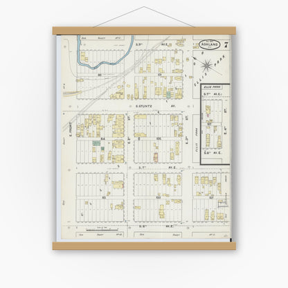 Old map wall art mockup — magnetic wood frame on white wall — Sanborn Fire Insurance Map from Ashland, Ashland County, Wisconsin (1890), Sheet #0007