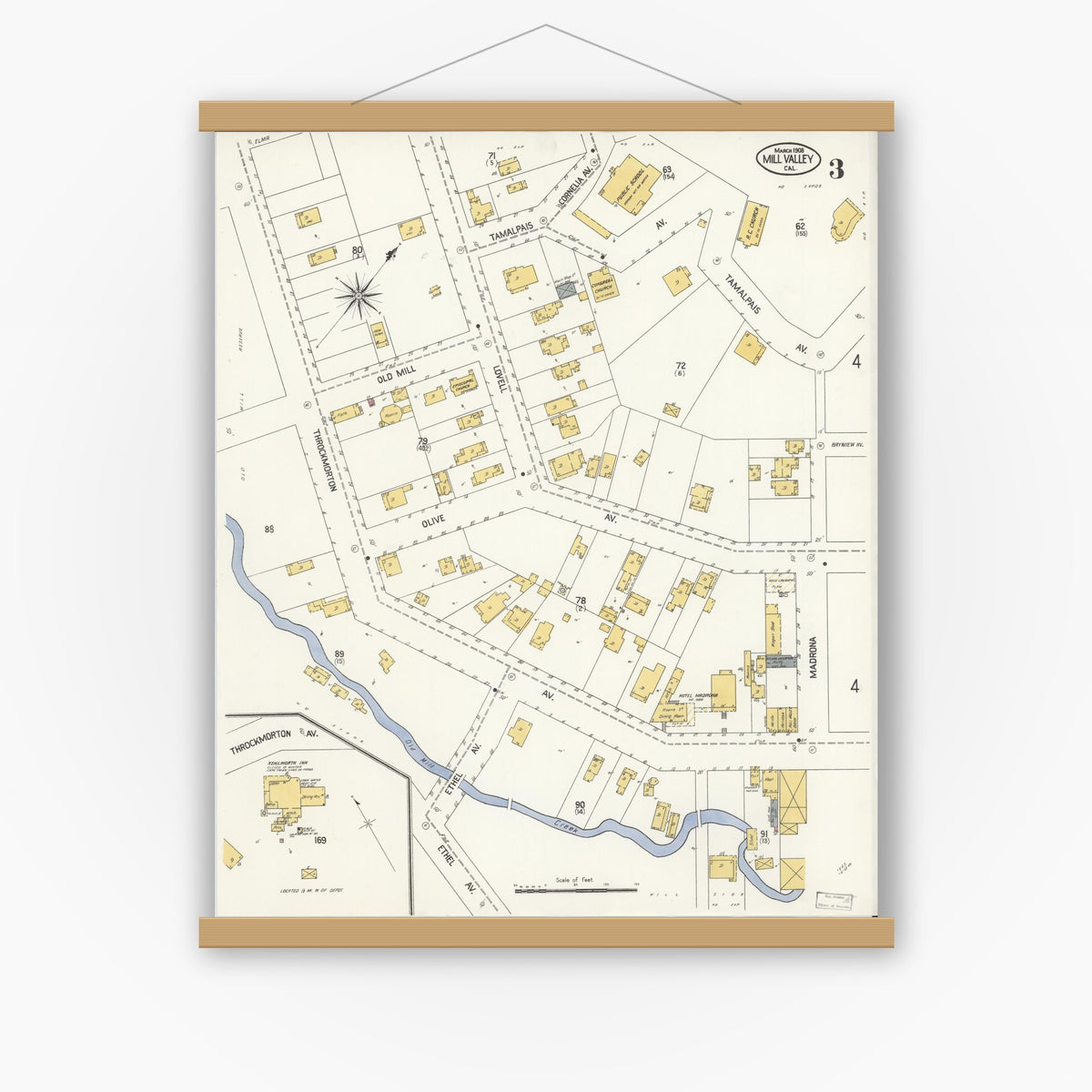 Old map wall art mockup — magnetic wood frame on white wall — Sanborn Fire Insurance Map from Mill Valley, Marin County, California (1908), Sheet #0003