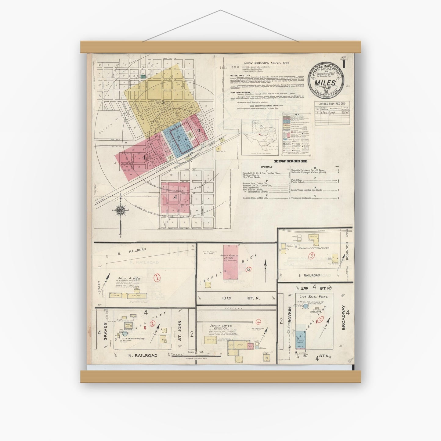 Old map wall art mockup — magnetic wood frame on white wall — Sanborn Fire Insurance Map from Miles, Runnels County, Texas (1936), Sheet #0001