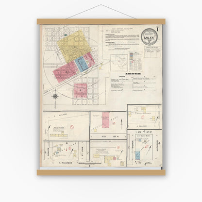 Old map wall art mockup — magnetic wood frame on white wall — Sanborn Fire Insurance Map from Miles, Runnels County, Texas (1936), Sheet #0001