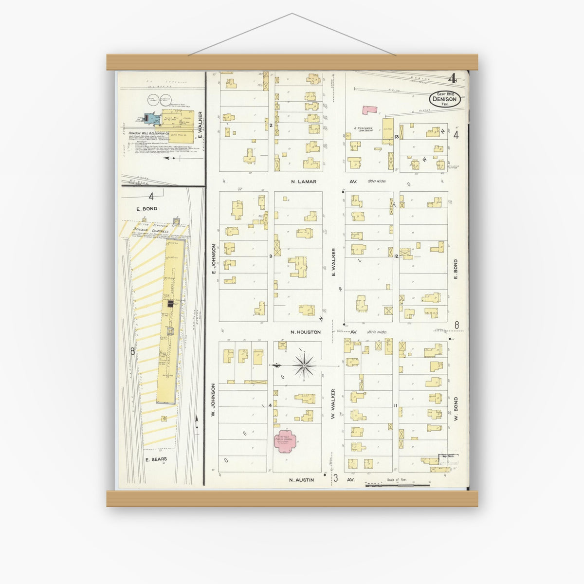 Old map wall art mockup — magnetic wood frame on white wall — Sanborn Fire Insurance Map from Denison, Grayson County, Texas (1908), Sheet #0004