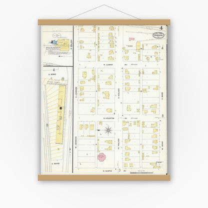 Old map wall art mockup — magnetic wood frame on white wall — Sanborn Fire Insurance Map from Denison, Grayson County, Texas (1908), Sheet #0004