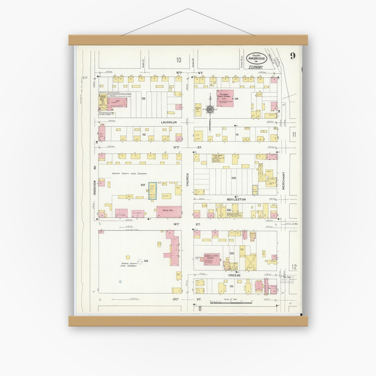 Old map wall art mockup — magnetic wood frame on white wall — Sanborn Fire Insurance Map from Ambridge, Beaver County, Pennsylvania (1911), Sheet #0009