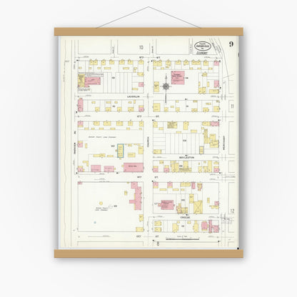 Old map wall art mockup — magnetic wood frame on white wall — Sanborn Fire Insurance Map from Ambridge, Beaver County, Pennsylvania (1911), Sheet #0009