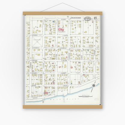 Old map wall art mockup — magnetic wood frame on white wall — Sanborn Fire Insurance Map from Dixon, Lee County, Illinois (1918), Sheet #0017