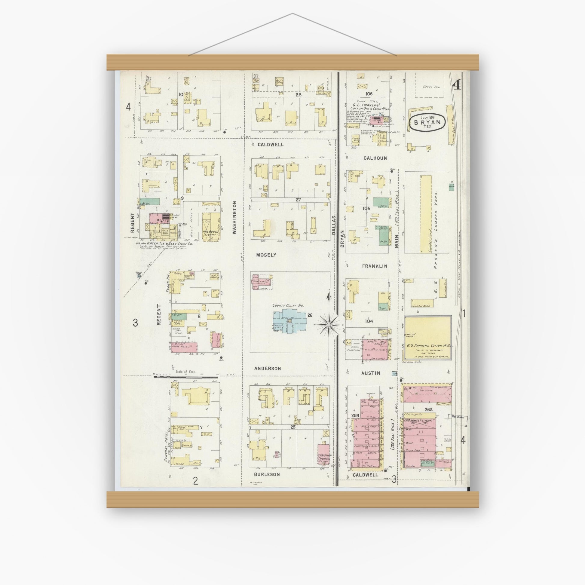 Old map wall art mockup — magnetic wood frame on white wall — Sanborn Fire Insurance Map from Bryan, Brazos County, Texas (1896), Sheet #0004