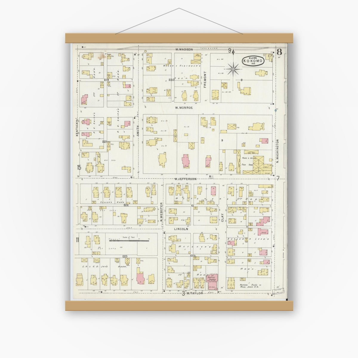 Old map wall art mockup — magnetic wood frame on white wall — Sanborn Fire Insurance Map from Kokomo, Howard County, Indiana (1896), Sheet #0008