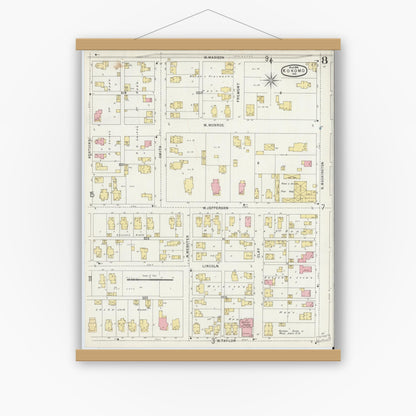 Old map wall art mockup — magnetic wood frame on white wall — Sanborn Fire Insurance Map from Kokomo, Howard County, Indiana (1896), Sheet #0008