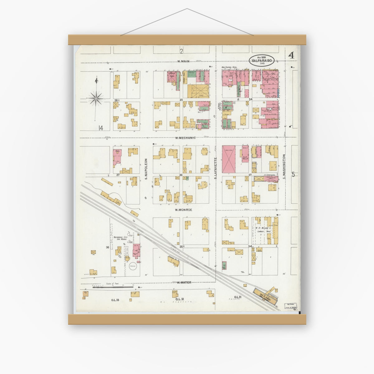Old map wall art mockup — magnetic wood frame on white wall — Sanborn Fire Insurance Map from Valparaiso, Porter County, Indiana (1899), Sheet #0004