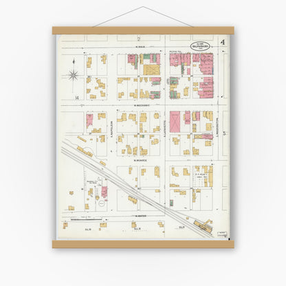 Old map wall art mockup — magnetic wood frame on white wall — Sanborn Fire Insurance Map from Valparaiso, Porter County, Indiana (1899), Sheet #0004