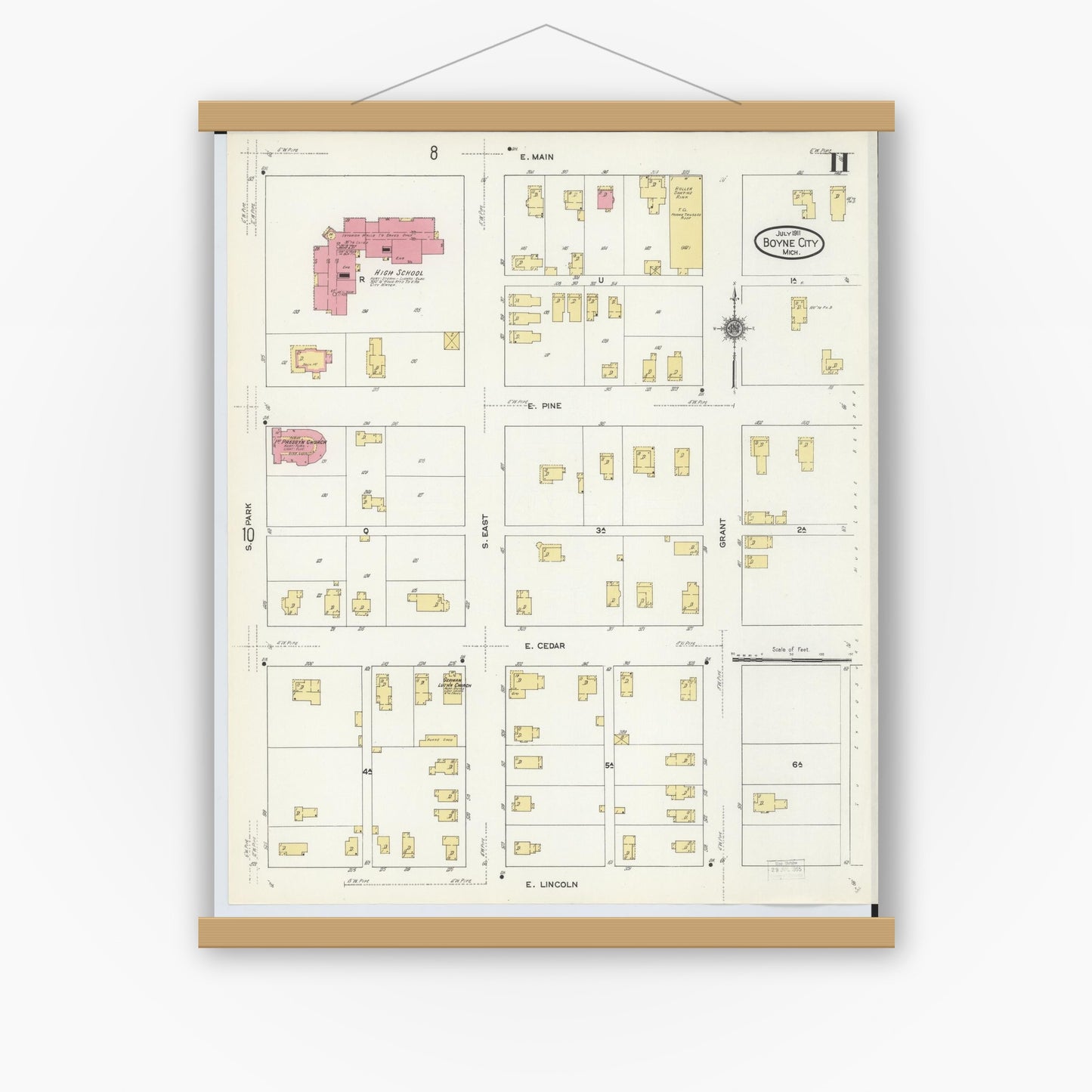 Old map wall art mockup — magnetic wood frame on white wall — Sanborn Fire Insurance Map from Boyne City, Charlevoix County, Michigan (1911), Sheet #0011