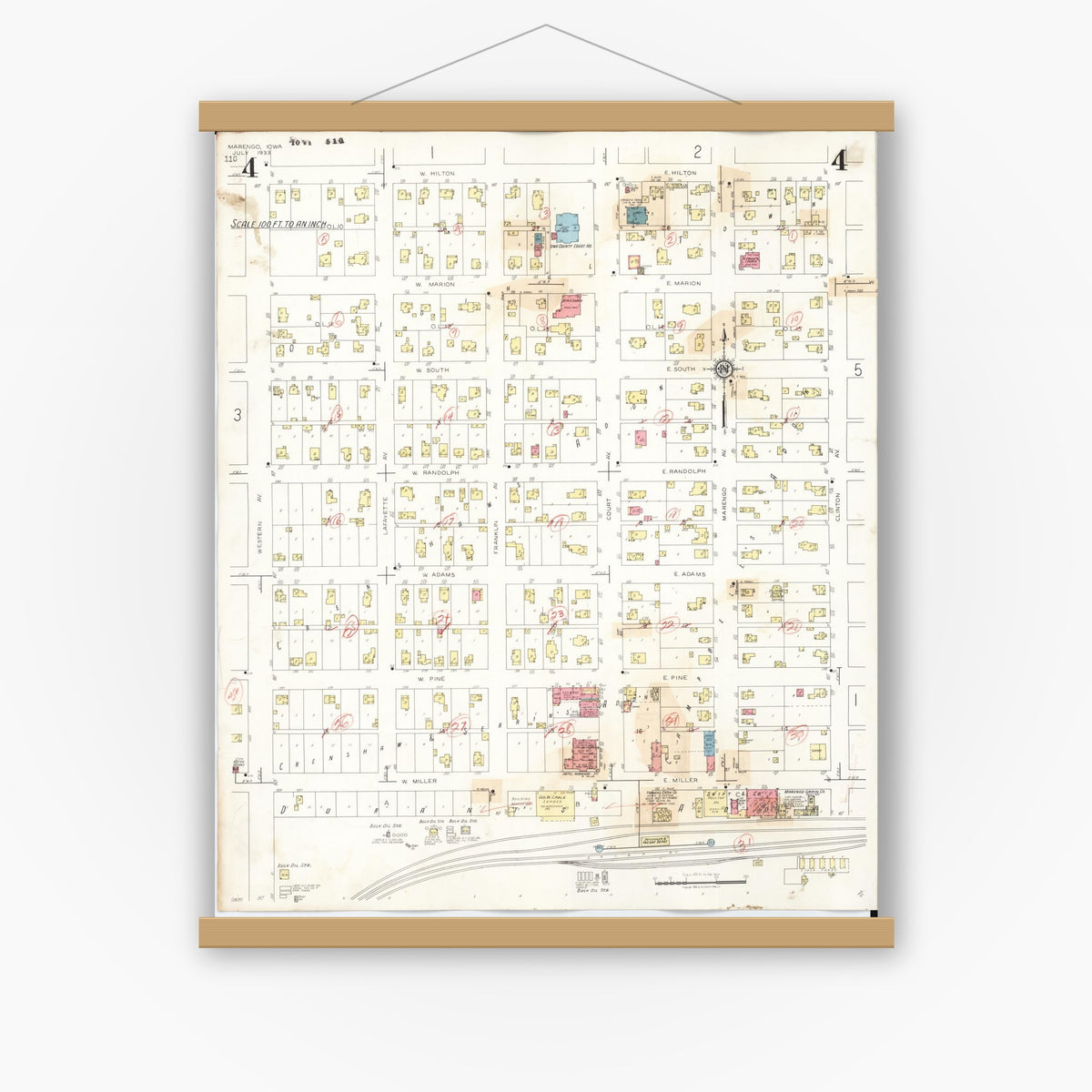 Old map wall art mockup — magnetic wood frame on white wall — Sanborn Fire Insurance Map from Marengo, Iowa County, Iowa (1942), Sheet #0004